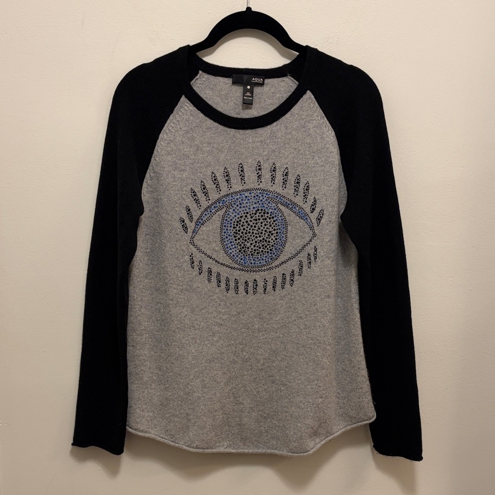 Bloomingdale’s Small Aqua Cashmere Evil Eye Embellished Design Sweater